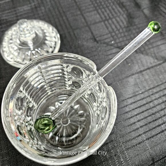 Vtg Indiana Glass Royal Brighton Jam & Sugar Set Beehive Free Emerald Spoon Read - Picture 9 of 12